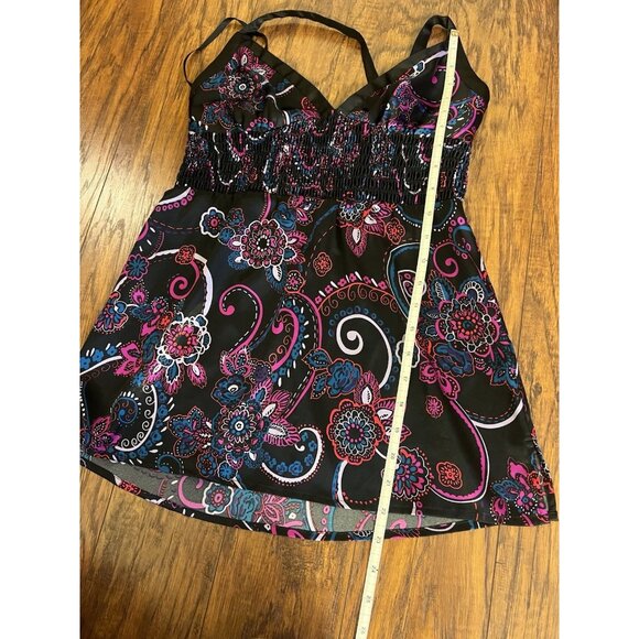 Vintage Y2K Guess Medium Black Pink Silky Floral Halter Top Blouse Festival - Picture 8 of 8